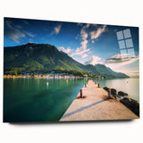 Large abstract wall art of Geneva scenery on acrylic glass, in muted blue and green tones.