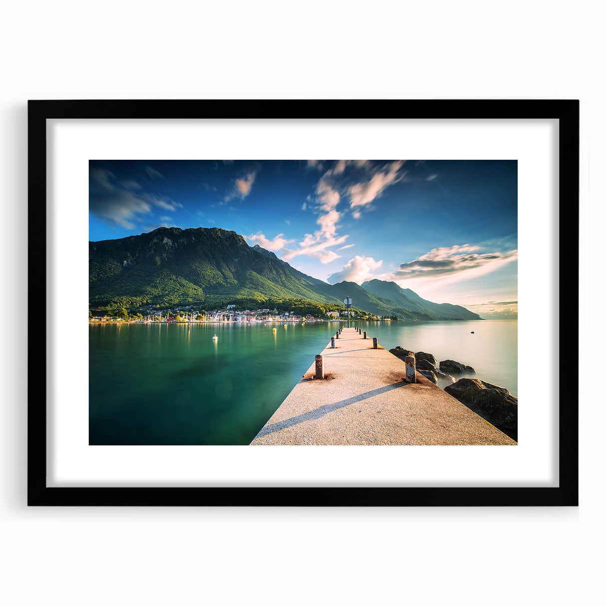 Extra large, textured abstract art print of colorful Geneva scenery on a black framed canvas, ideal for living room decor.