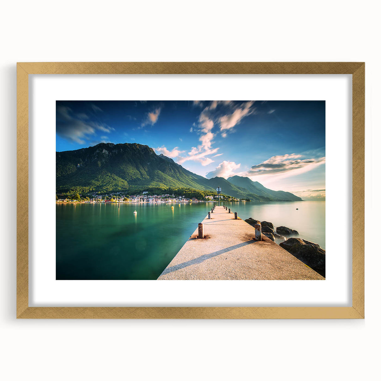 Extra large framed wall art of abstract Geneva scenery in gold, textured design, ideal for living room decor.