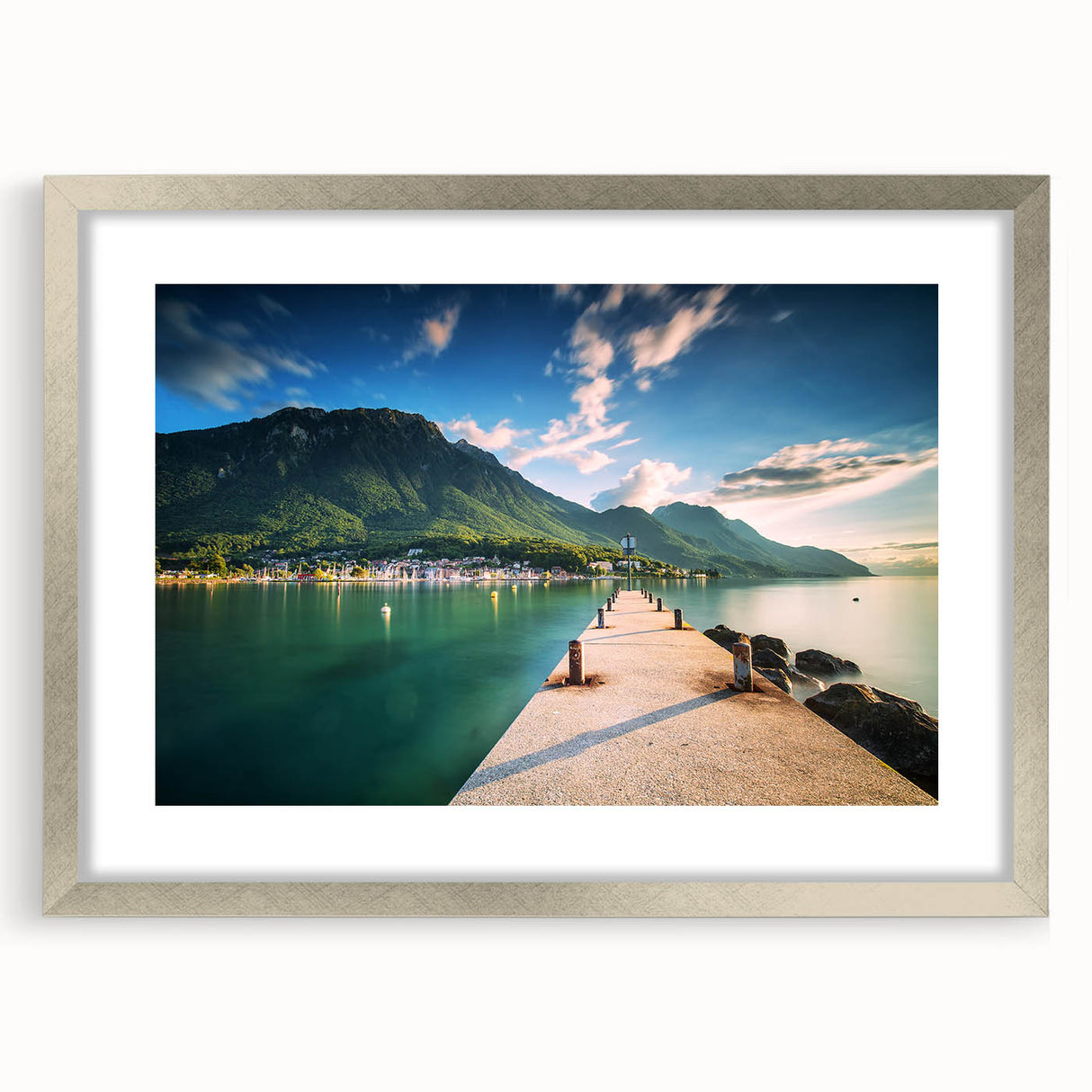 Textured art print of abstract Geneva scenery in muted gray and silver tones, framed with a mat.