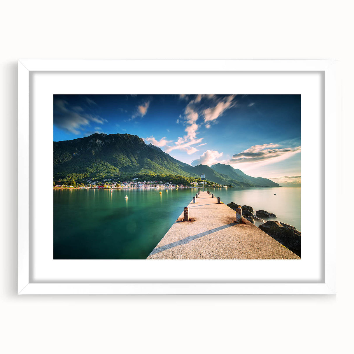 Abstract art print of Geneva scenery in muted blue and green tones on a framed white mat.
