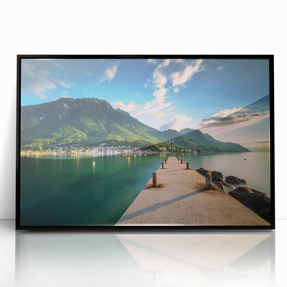 Large abstract wall art depicting Geneva's lakefront in muted earth tones on a framed acrylic.