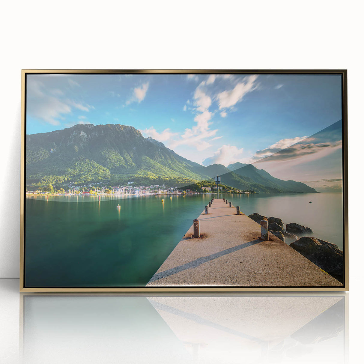 Large art print of Geneva scenery in muted gold and blue tones on a framed acrylic, ideal for modern art wall decor.