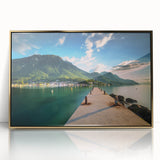 Large art print of Geneva scenery in muted gold and blue tones on a framed acrylic, ideal for modern art wall decor.