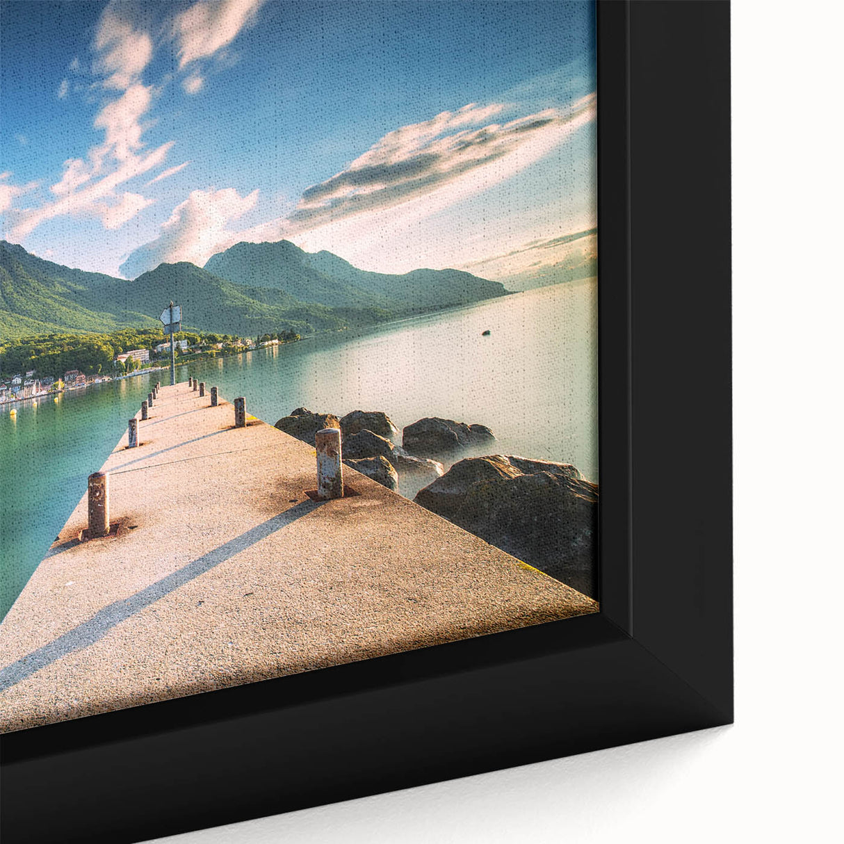 Extra large framed canvas depicting a textured, colorful scene of Geneva, ideal for living room decor.