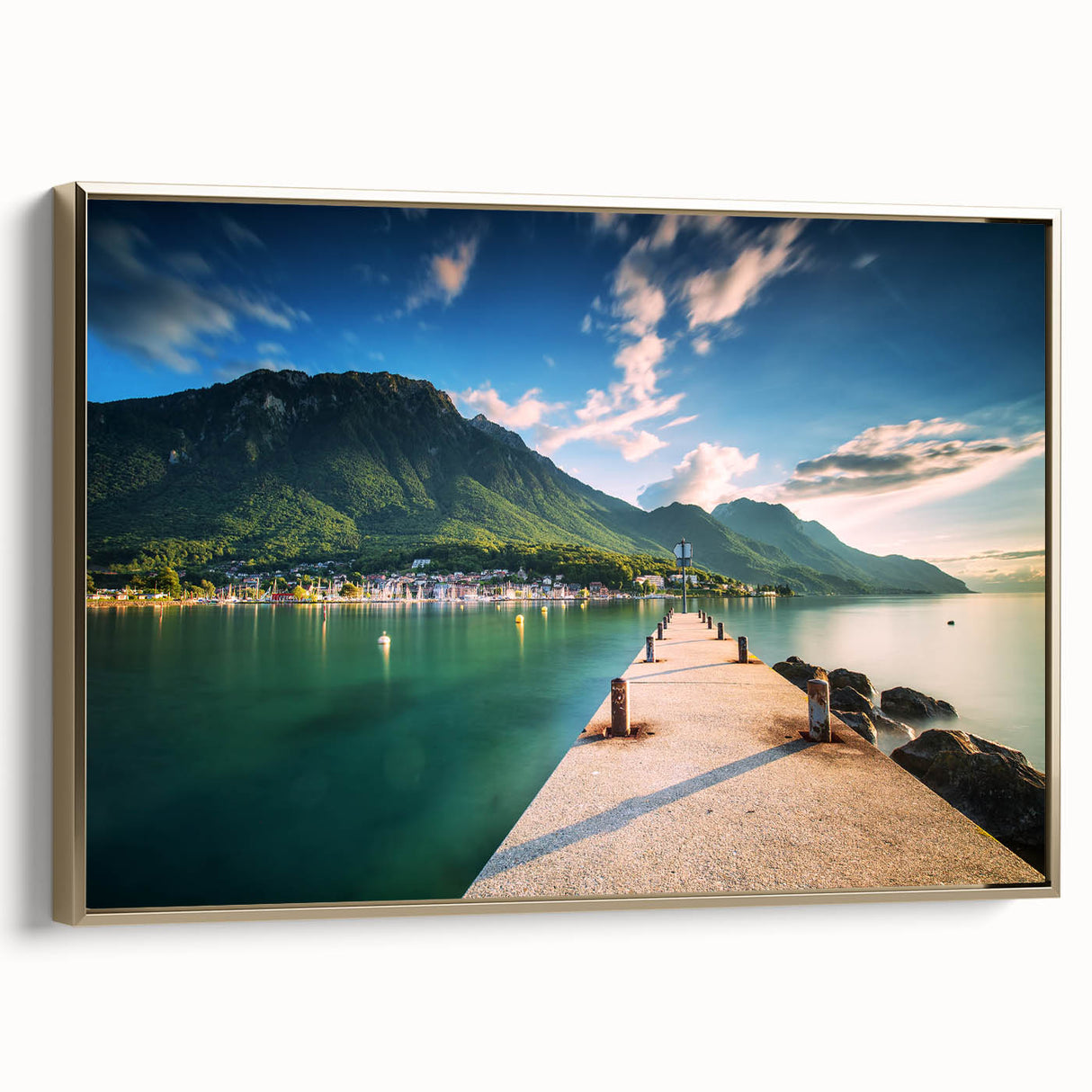 Framed canvas of a vintage Geneva landscape in black and gold tones, ideal for bedroom wall art.