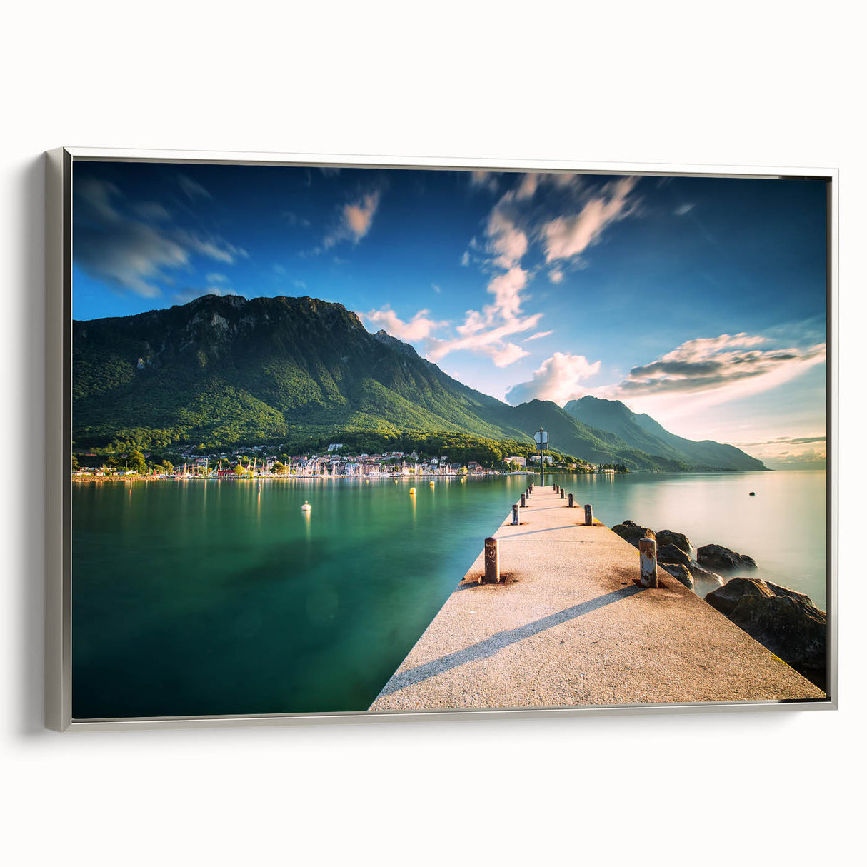 Framed canvas landscape art paintings featuring a vintage view of Geneva with colorful art elements and black borders.