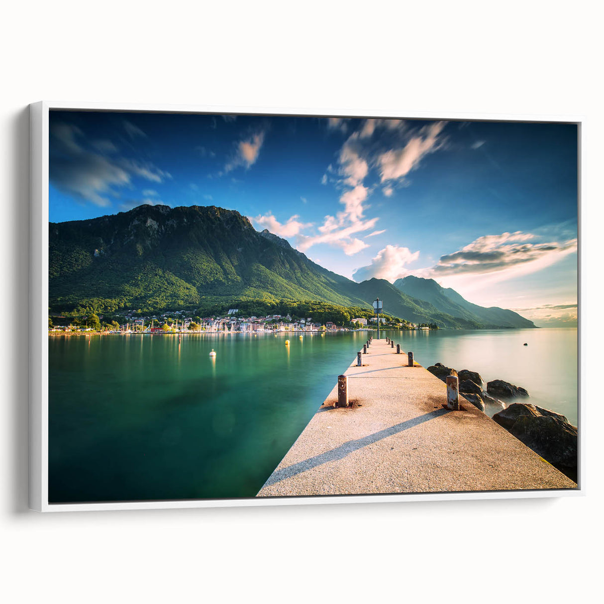 Vintage poster art of Geneva scenery in vibrant colors on a large framed canvas, ideal for living room decor.