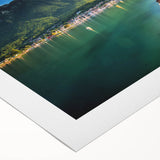 Art deco poster of Geneva scenery with muted blue and gray tones on rolled canvas, suitable for dining room wall art.
