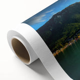 Art Deco poster of Geneva scenery on rolled canvas, featuring soft pastel shades.