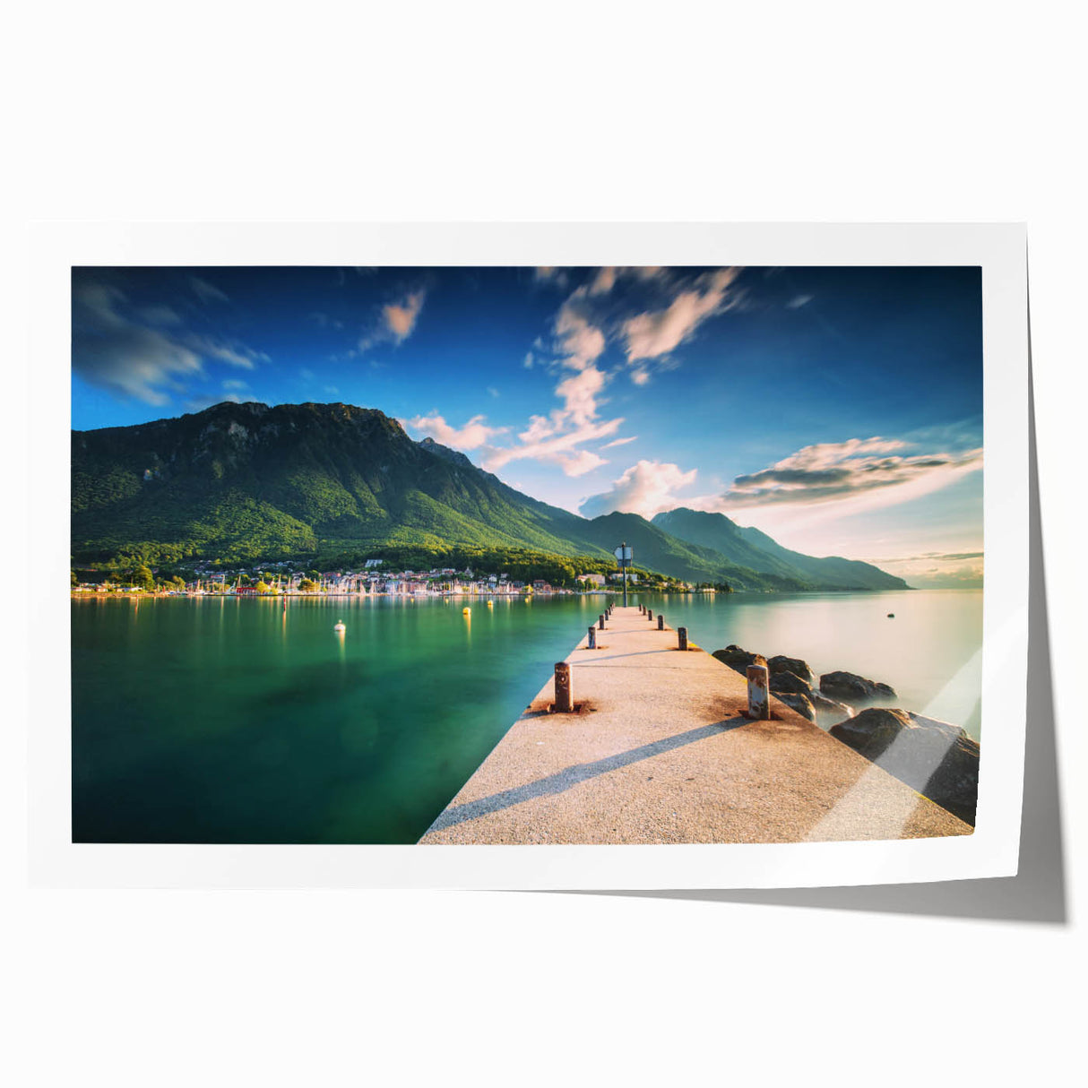 Extra large rolled print of Geneva scenery with floral elements in soft earth tones, ideal for art wall dining room.