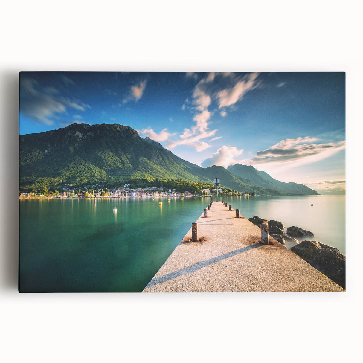 Black and white photograph of Geneva scenery on a large stretched canvas, suitable for kitchen wall art.