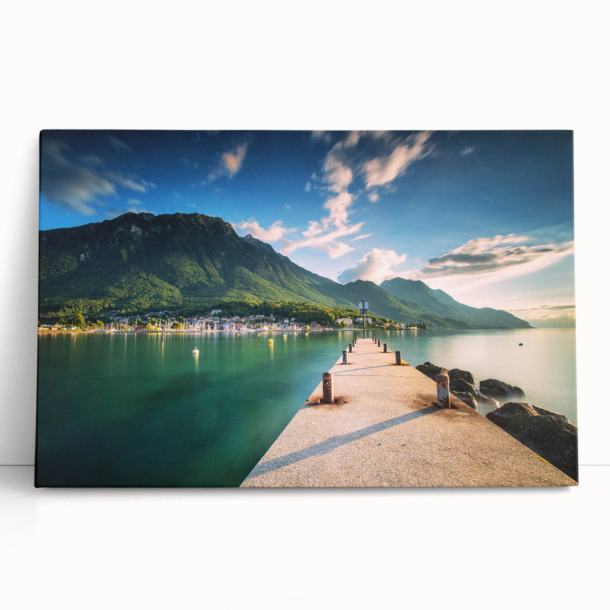 Large black and white stretched canvas of Geneva scenery, ideal for kitchen wall art or bedroom ambiance.