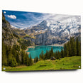 Acrylic print of a Swiss landscape with green hills and a blue sky, suitable for dining room decor.