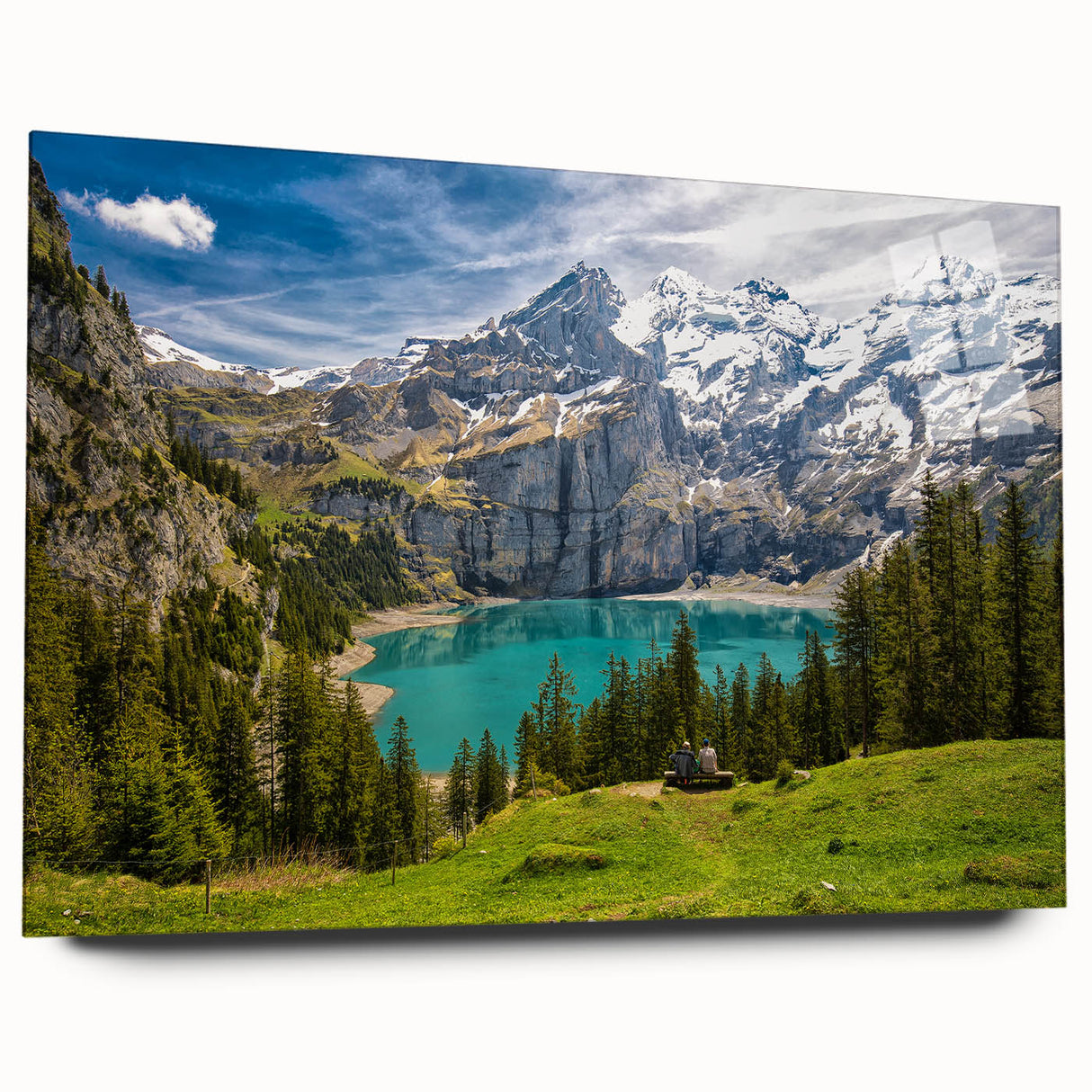 Acrylic print of a serene Swiss landscape in soft blue and green hues, ideal for bedroom or dining room decor.