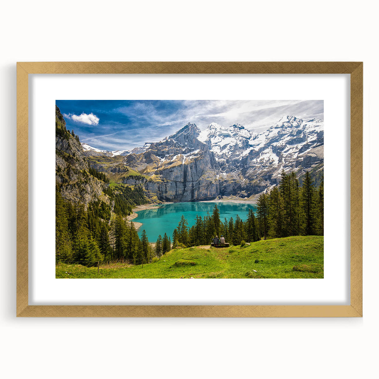 Extra large abstract art print of a Swiss landscape in gold frame, featuring textured earth tones.