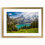Extra large abstract art print of a Swiss landscape in gold frame, featuring textured earth tones.