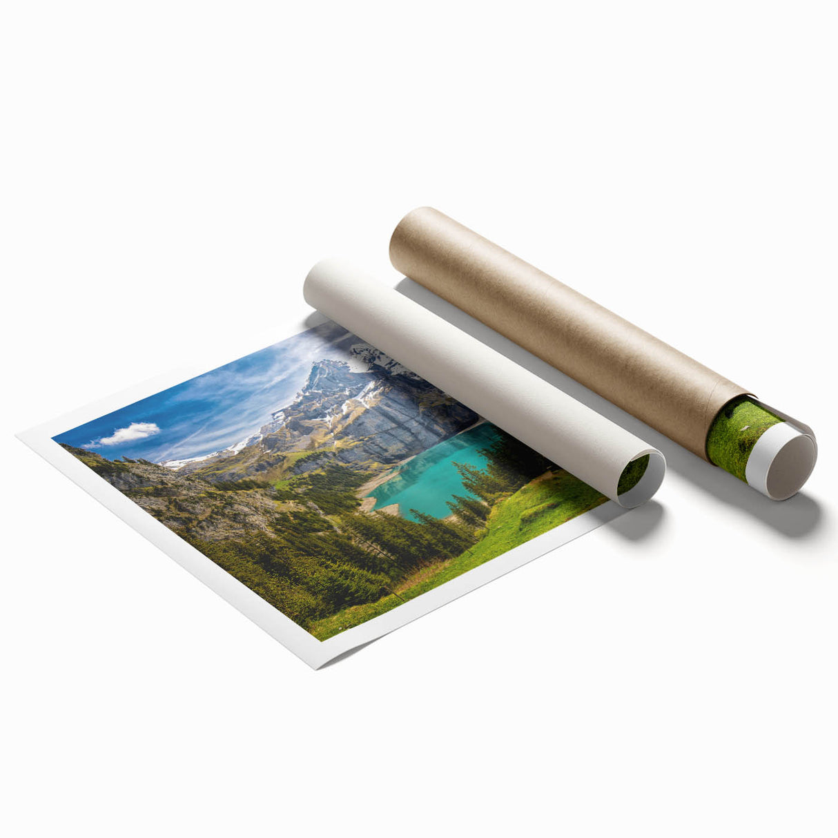 Extra large rolled print of a serene Swiss landscape in soft green and blue tones, ideal for classy bathroom wall art.