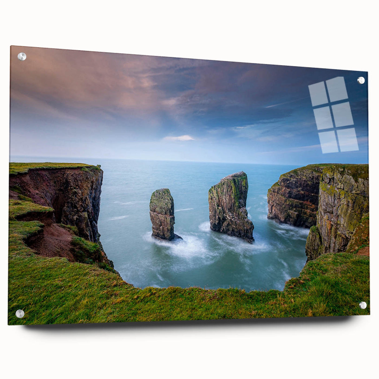 Acrylic print of a Welsh landscape in muted greens and blues, ideal for dining room art.