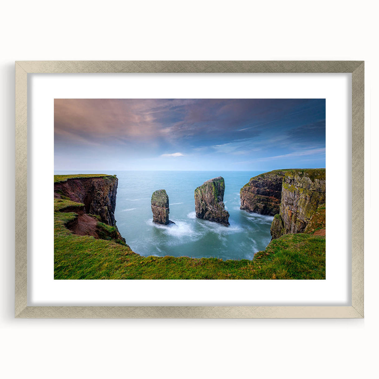 Textured art print of an abstract Welsh landscape in muted earth tones, framed with a silver mat, ideal for bedroom decor.