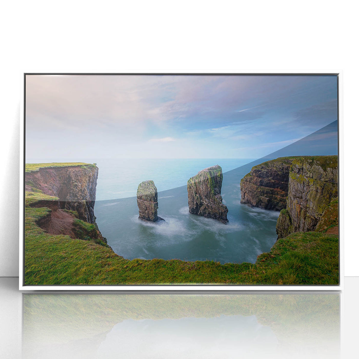 Art deco poster of a serene Welsh landscape in pastel shades, framed acrylic, ideal for nursery wall art.