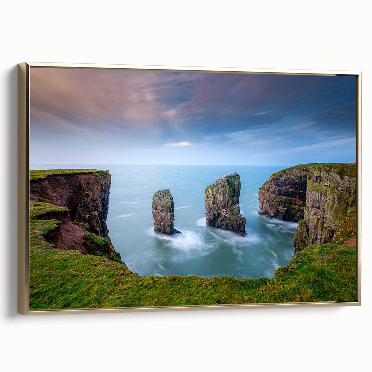 Framed canvas depicting a vintage-style Welsh landscape in muted earth tones, ideal for bedroom wall art.