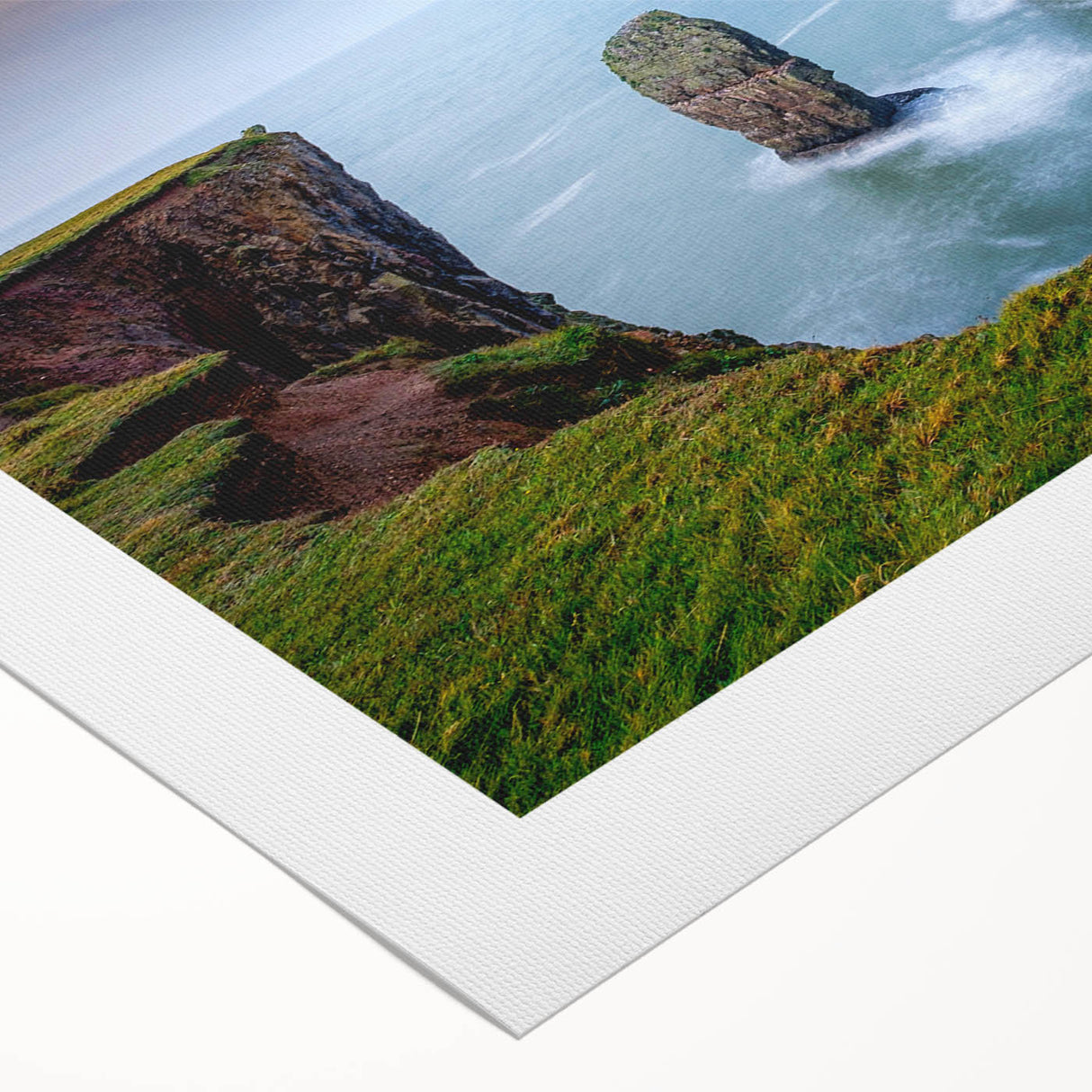 Art deco poster of a Welsh landscape in muted green and blue tones on rolled canvas, suitable for dining room walls.