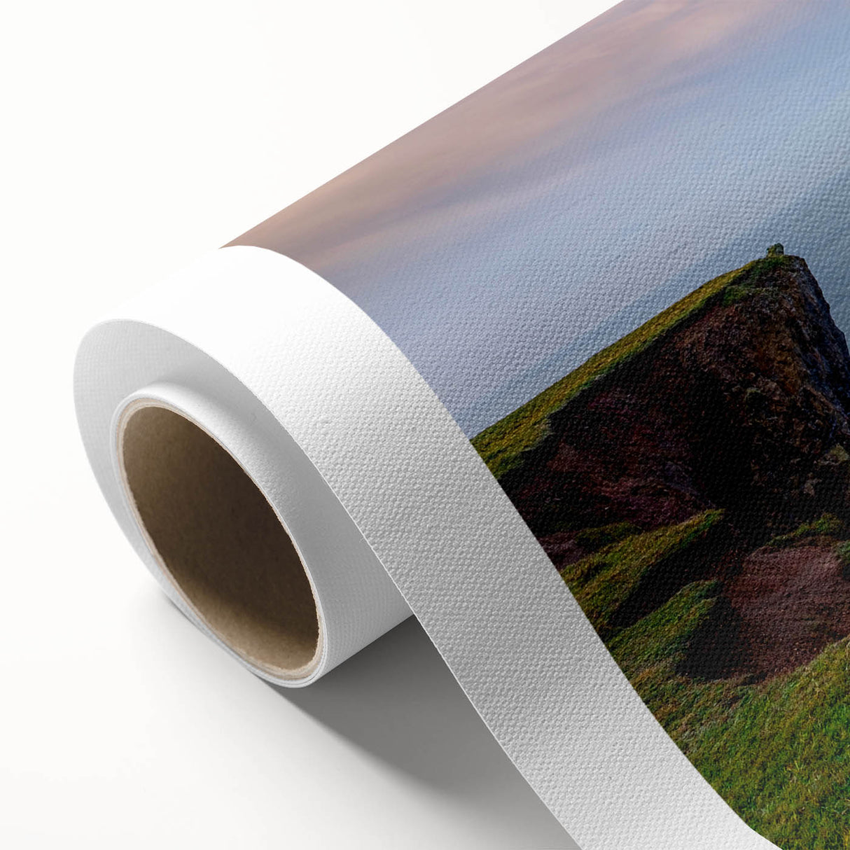 Art deco poster of a Welsh landscape in muted earth tones on rolled canvas, ideal for nursery wall art.