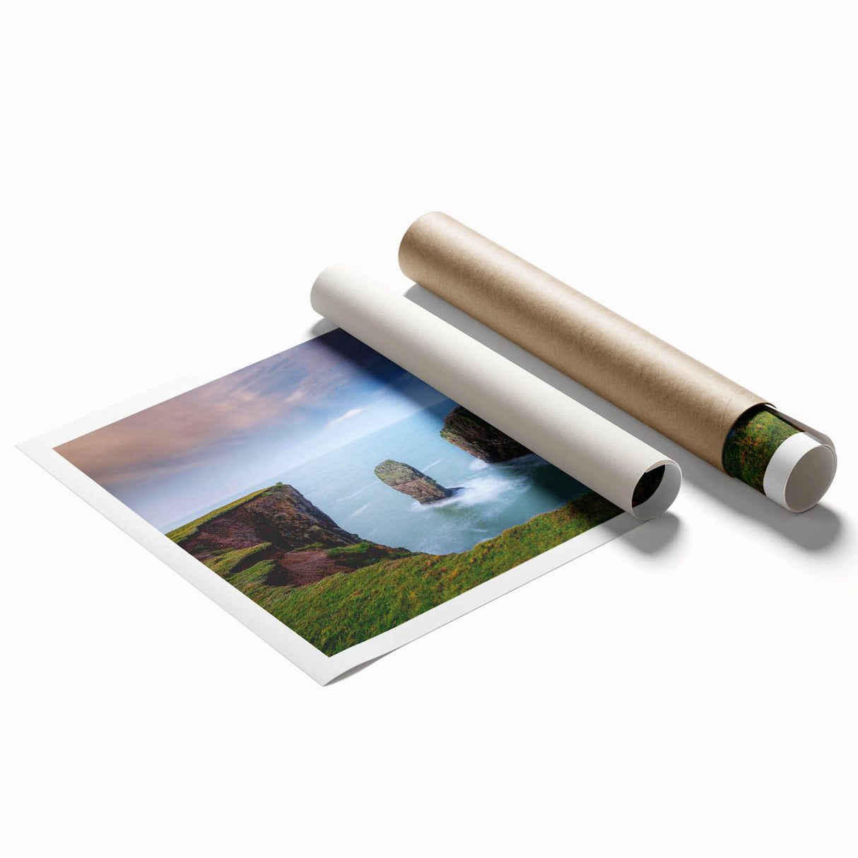 Extra large rolled print of a Welsh landscape featuring vibrant green fields and floral foreground.