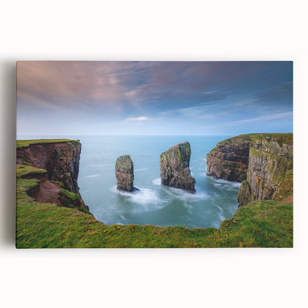 Black and white stretched canvas of a scenic Welsh landscape, ideal for kitchen wall art.