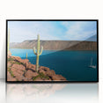 Large abstract wall art depicting Baja California scenery in muted earth tones, framed in black acrylic.