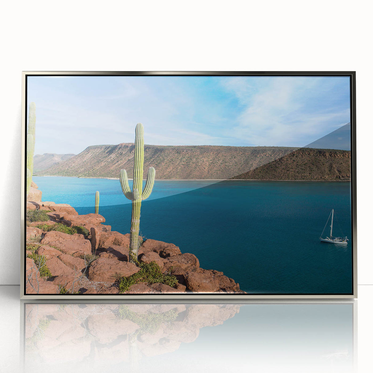 Mid-century modernist art depicting Baja California scenery in muted earth tones on a framed acrylic print.