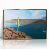 Mid-century modernist art depicting Baja California scenery in muted earth tones on a framed acrylic print.