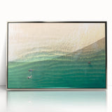 Mid-century modernist art of Cabo San Lucas scenery in silver-framed acrylic, featuring soft pastel hues.