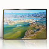 Mid-century modernist acrylic print of Oaxaca scenery in gold frame, ideal for modern art wall decor.