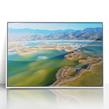 Art deco poster of Oaxaca, Mexico scenery in muted earth tones, acrylic print framed in white.