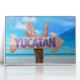 Art deco poster depicting a serene Yucatan scenery in soft pastel shades, framed in white acrylic.