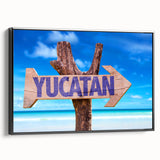Black and white framed canvas of Yucatan landscape, vintage poster style, ideal for bedroom wall decor.