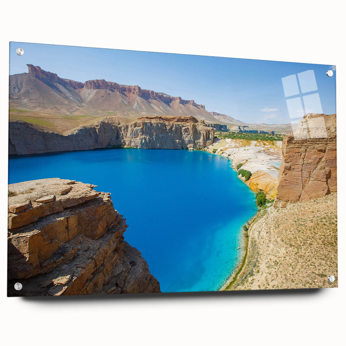 Large abstract wall art depicting a Middle Eastern scenery on acrylic glass, ideal for bedroom or dining room decor.