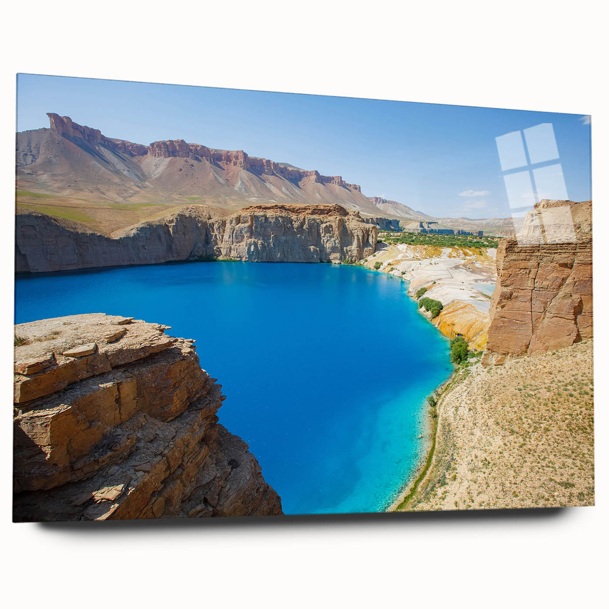 Acrylic print of a large abstract depiction of Middle Eastern scenery in earthy tones.