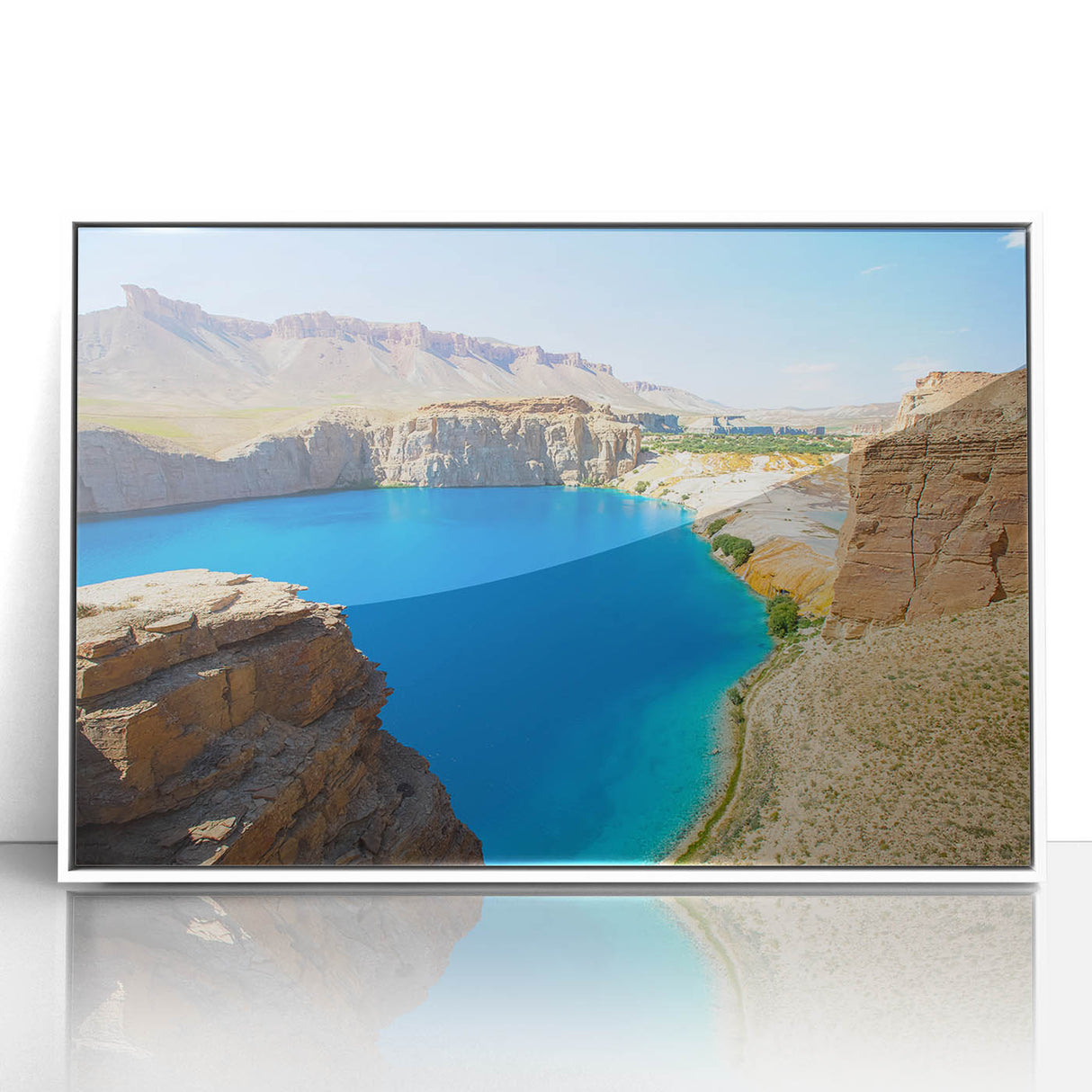 Art deco poster featuring a serene Middle Eastern landscape on white framed acrylic, ideal for modern nursery wall art.