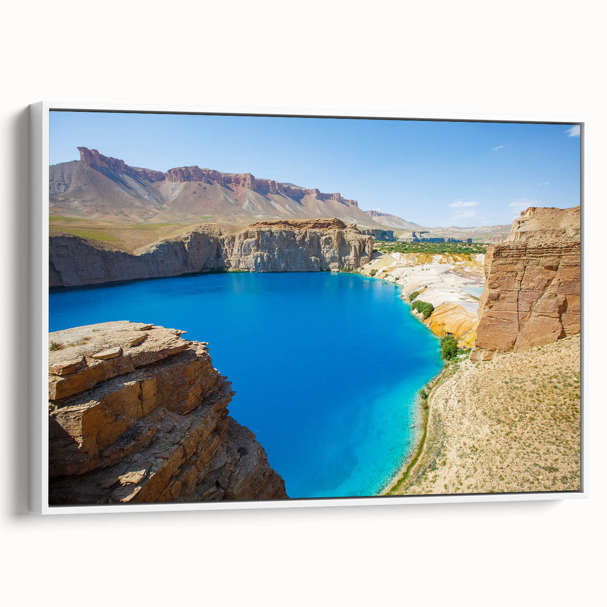 Vintage poster art of a Middle Eastern scenery on a framed canvas, featuring vibrant colors, ideal for living room decor.