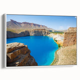 Vintage poster art of a Middle Eastern scenery on a framed canvas, featuring vibrant colors, ideal for living room decor.