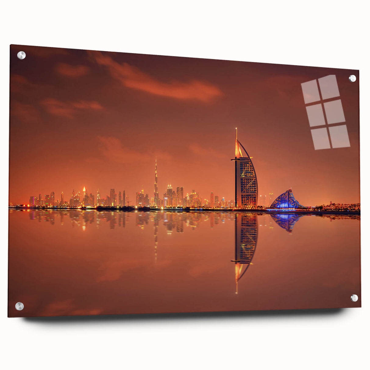 Acrylic print of Dubai skyline in muted earth tones, suitable for dining room decor.