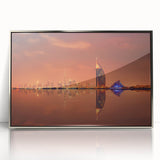 Mid-century modernist art of Dubai skyline in silver hues on framed acrylic, suitable for modern art wall decor.