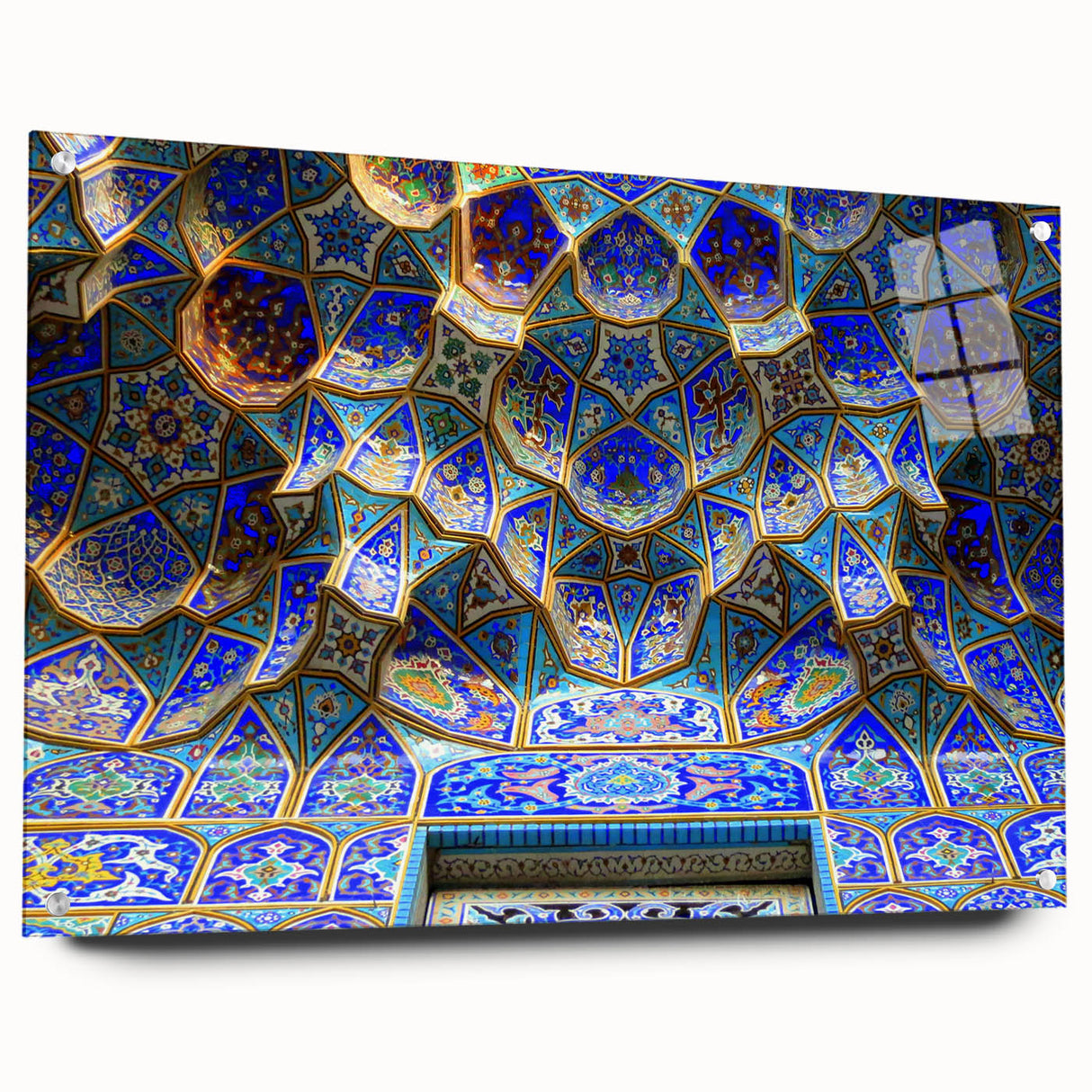 Large abstract wall art depicting a Middle Eastern scenery in muted earth tones on acrylic glass.
