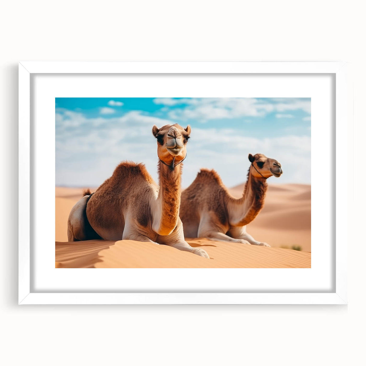 Abstract art print of Middle Eastern scenery in muted earth tones, framed with a white mat, suitable for dining room decor.