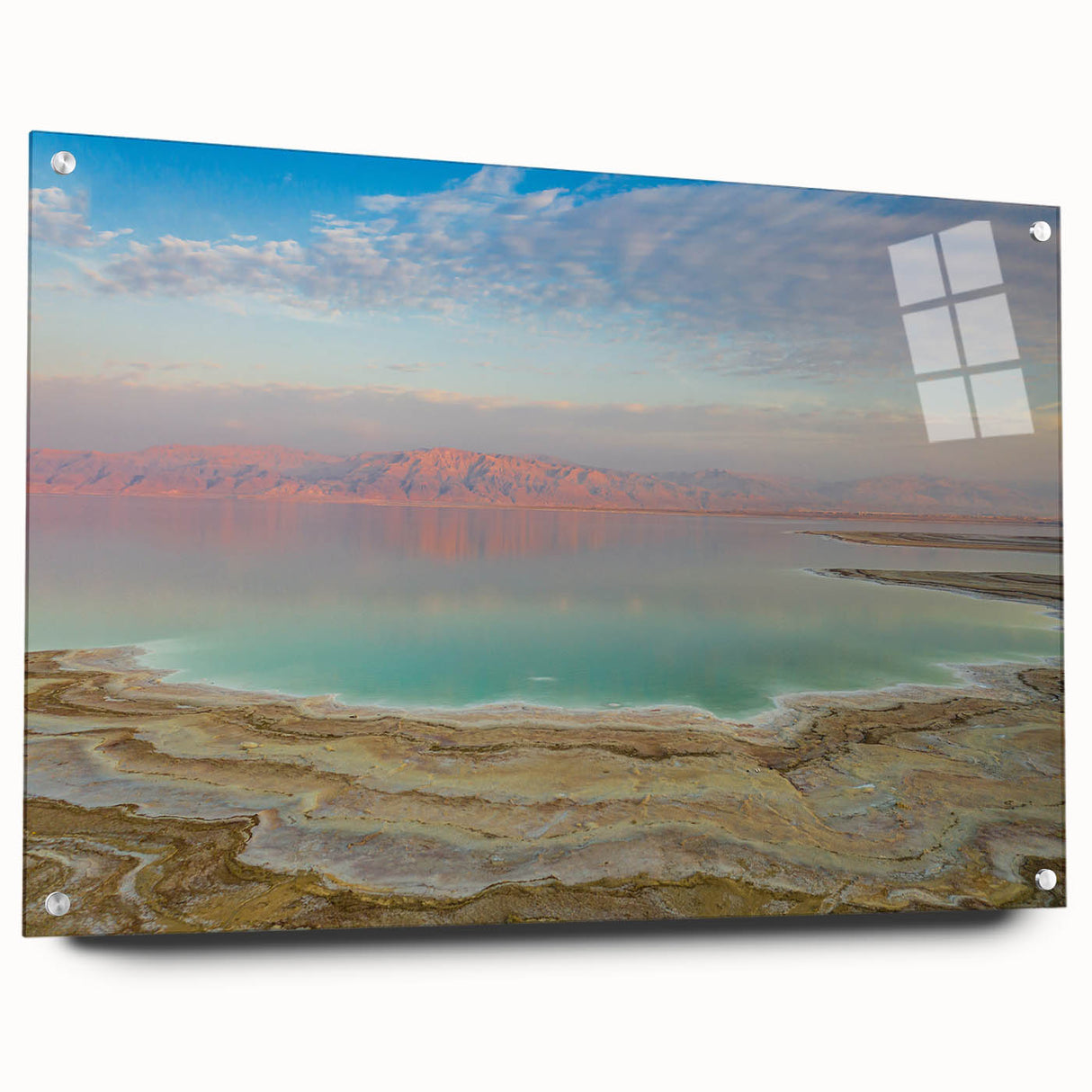 Acrylic print of the Dead Sea with serene blue and beige tones, suitable for bedroom or dining room decor.