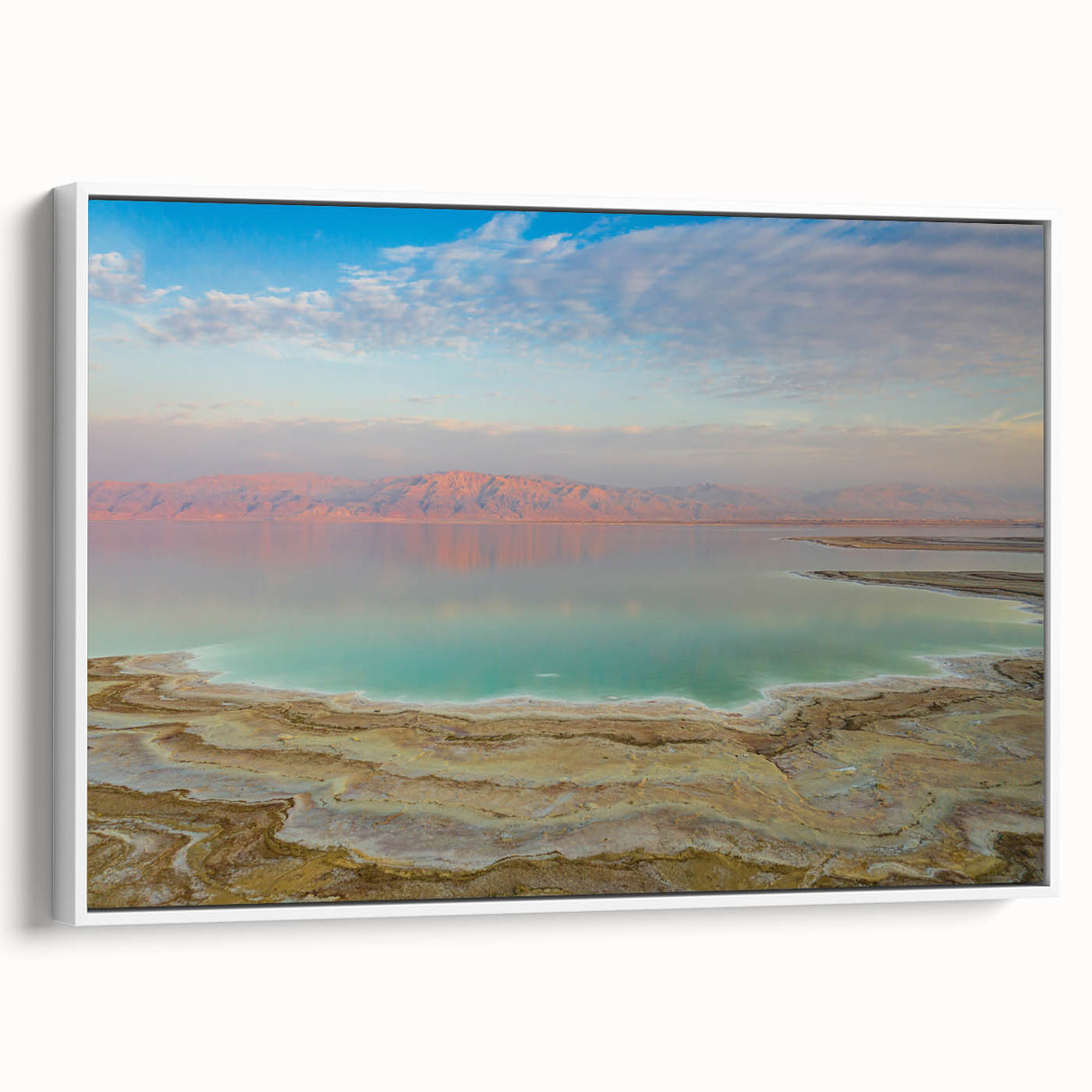 Vintage poster art of the Dead Sea with colorful accents on a large framed canvas, ideal for living room decor.