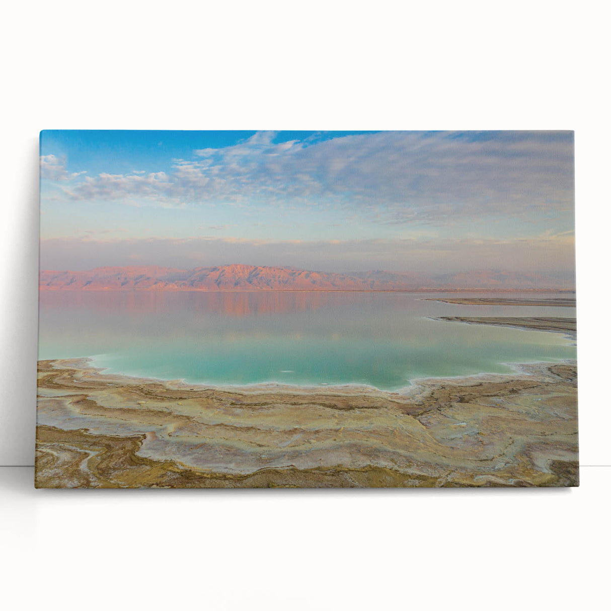 Black and white photo of the Dead Sea on a stretched canvas, suitable as large kitchen wall art or for a bedroom.